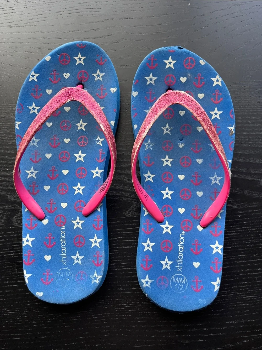 Xhilaration Blue & Pink Glitter Flip Flops Sandals Girls Youth Size M 1/2